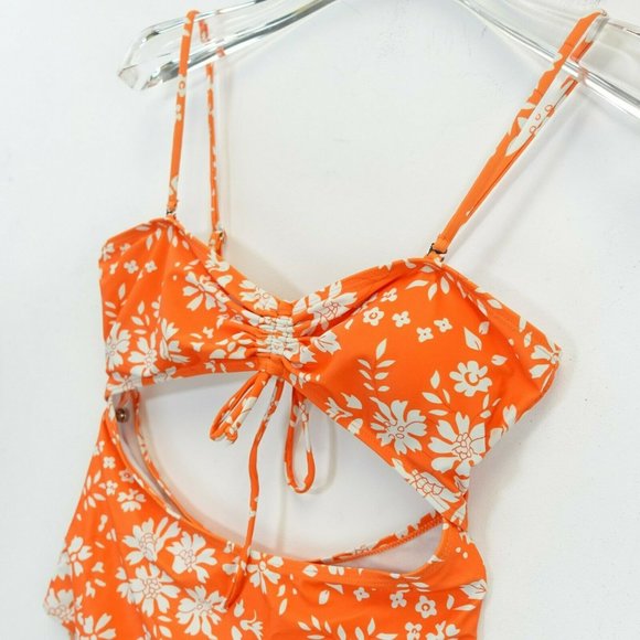 Women's Orange One Piece Swimsuit SMALL Floral Strappy Draw-String‎ Cut Out - Picture 3 of 11